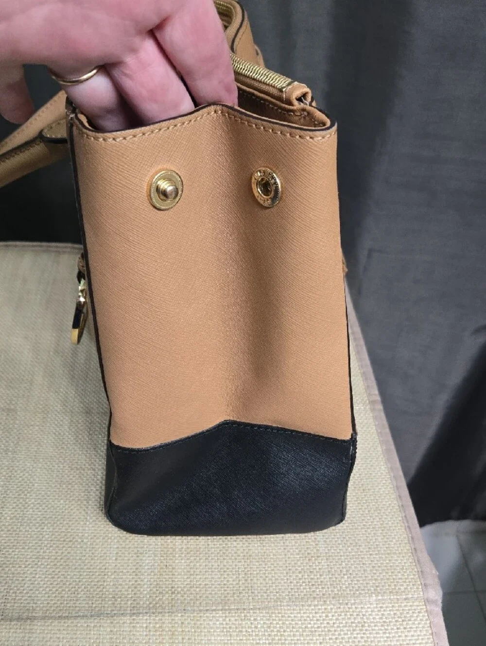 SALE! Michael Kors Beige and Black Leather Satchel with Gold MK Charm